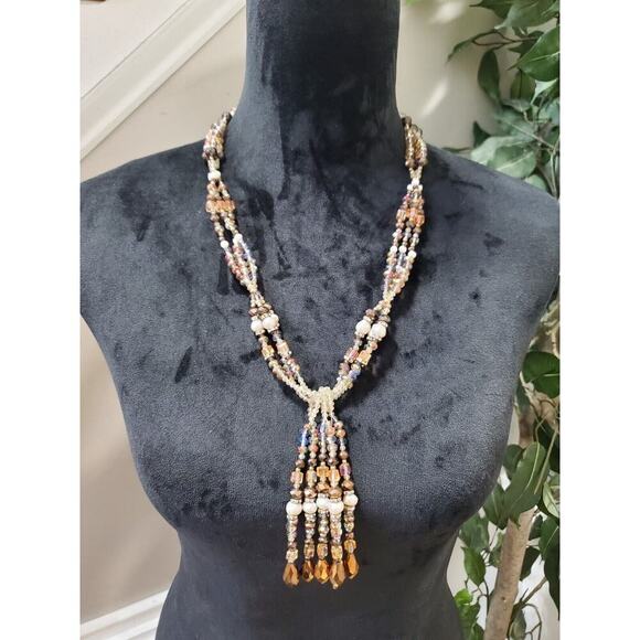 Multicolor Strand Knotted Mixed Beads Fashion Statement Long Necklace - Picture 1 of 7